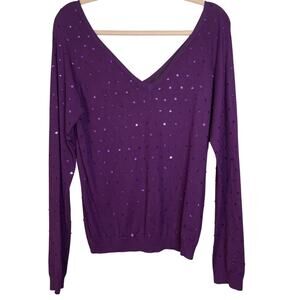 Attention Silk Blend Purple Sweater - Deep V Neck Sequined/Beaded - Size Small